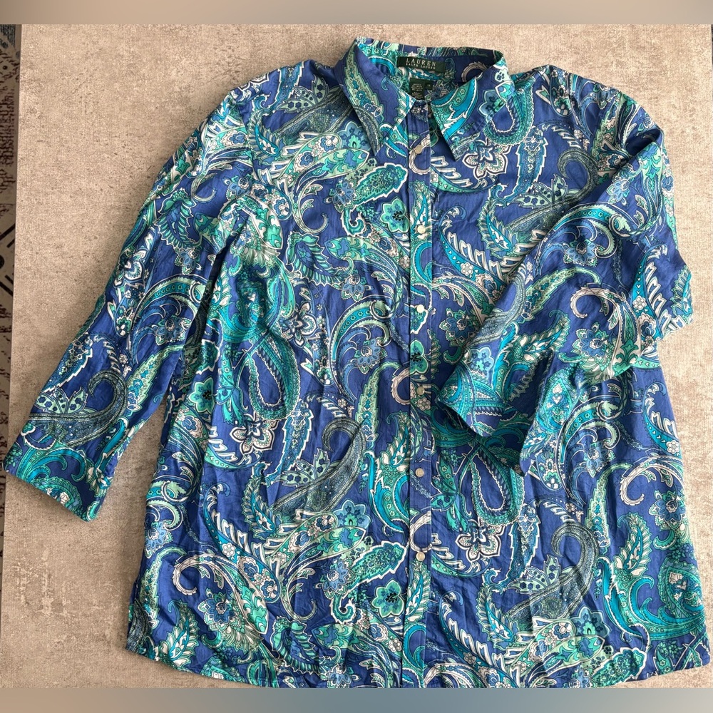 Lauren Ralph Lauren Womens 3/4 Sleeve Paisley‎ Cotton Button Up Blouse Size XL